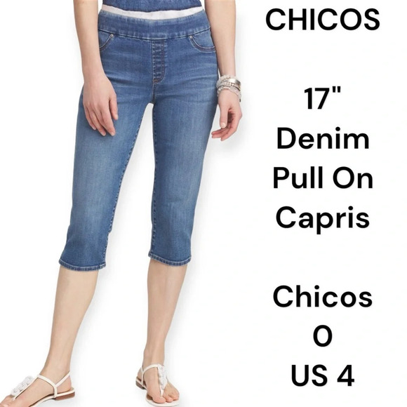 Chico's Pants - Chicos denim pull on capris Chicos size 0 Regular 4 17 inch inseam stretchy blue
